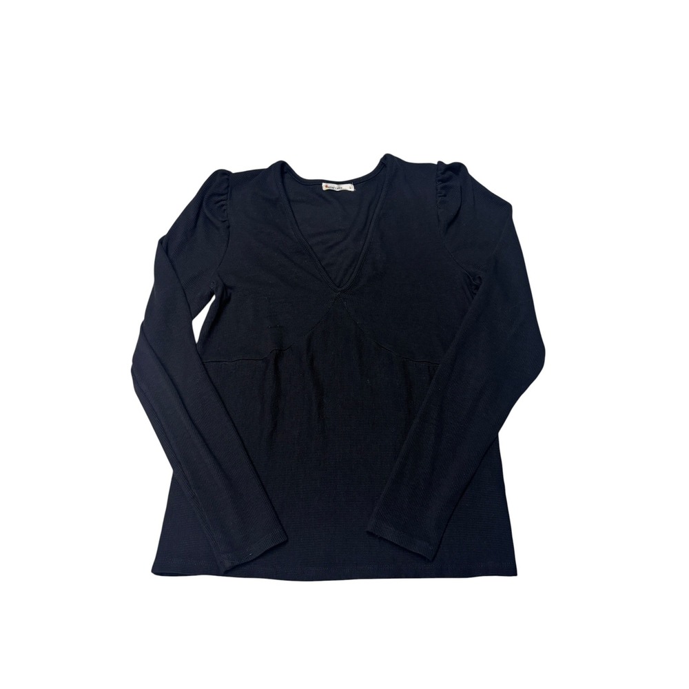 Marine Layer Black Ribbed V-Neck Puff Shoulder Long Sleeve Top Womens Large